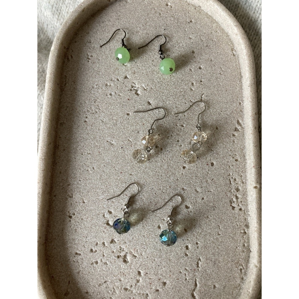 Three Pair Beaded Dangle Earrings Green Champagne Blue Faceted Beads Silver Tone